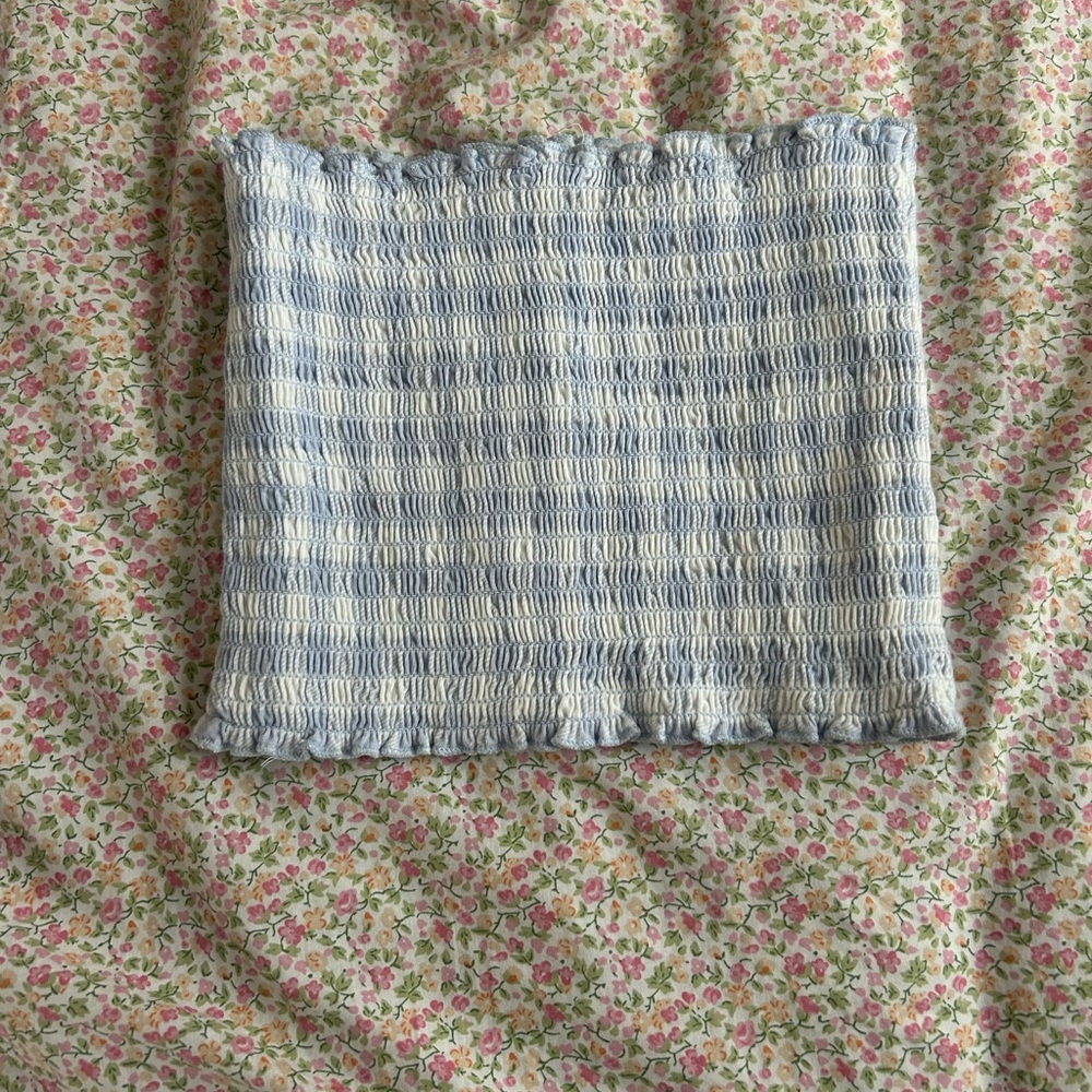 Blue And White Textured Reversible Tube Top